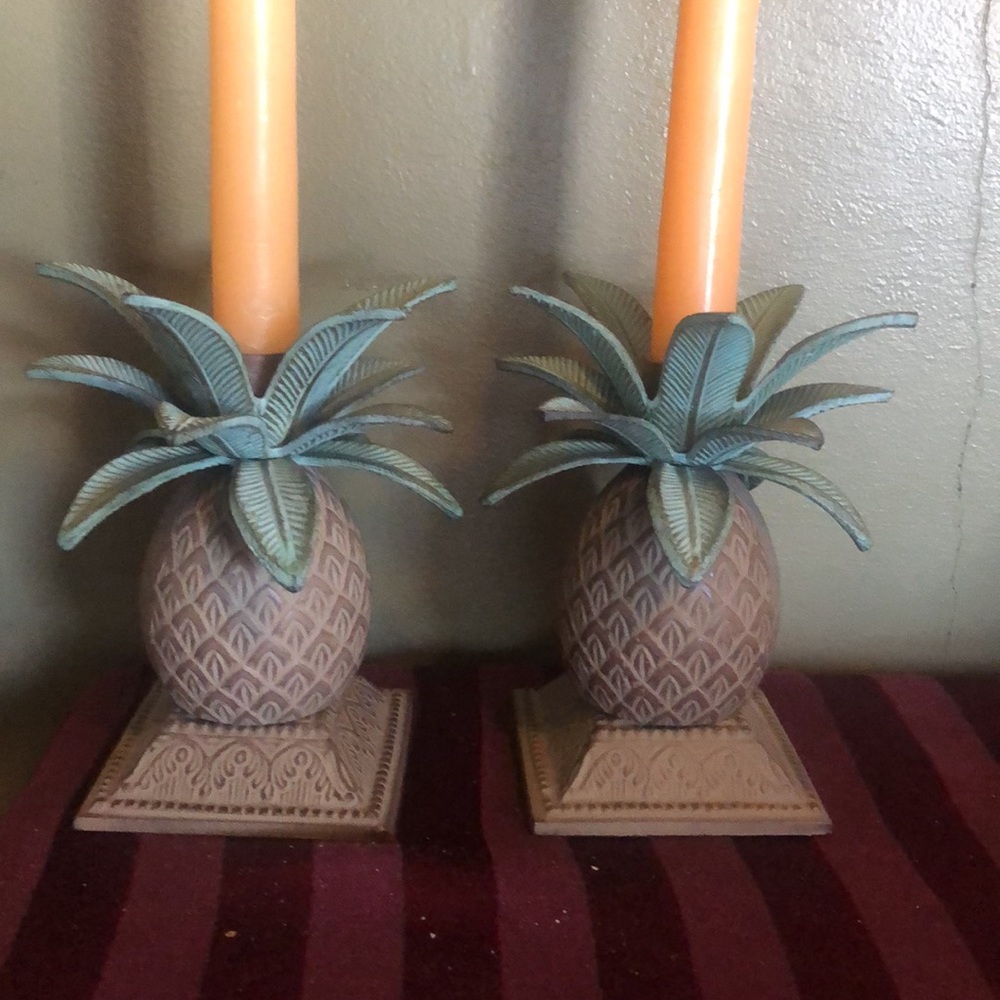Pineapple tapered candle holders cast metal painted - great detail. - USA